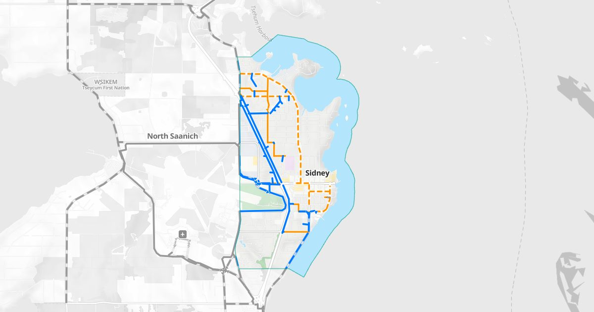 Map of Sidney's bike routes, with the rest of Greater Victoria greyed out